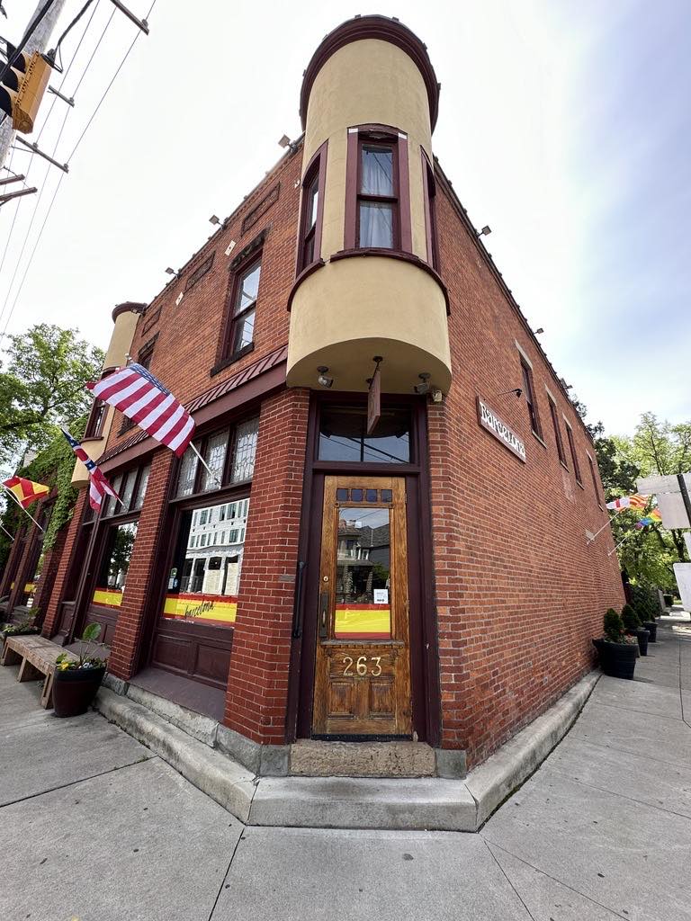 The brick corner building housing Barcelona restaurant in German Village