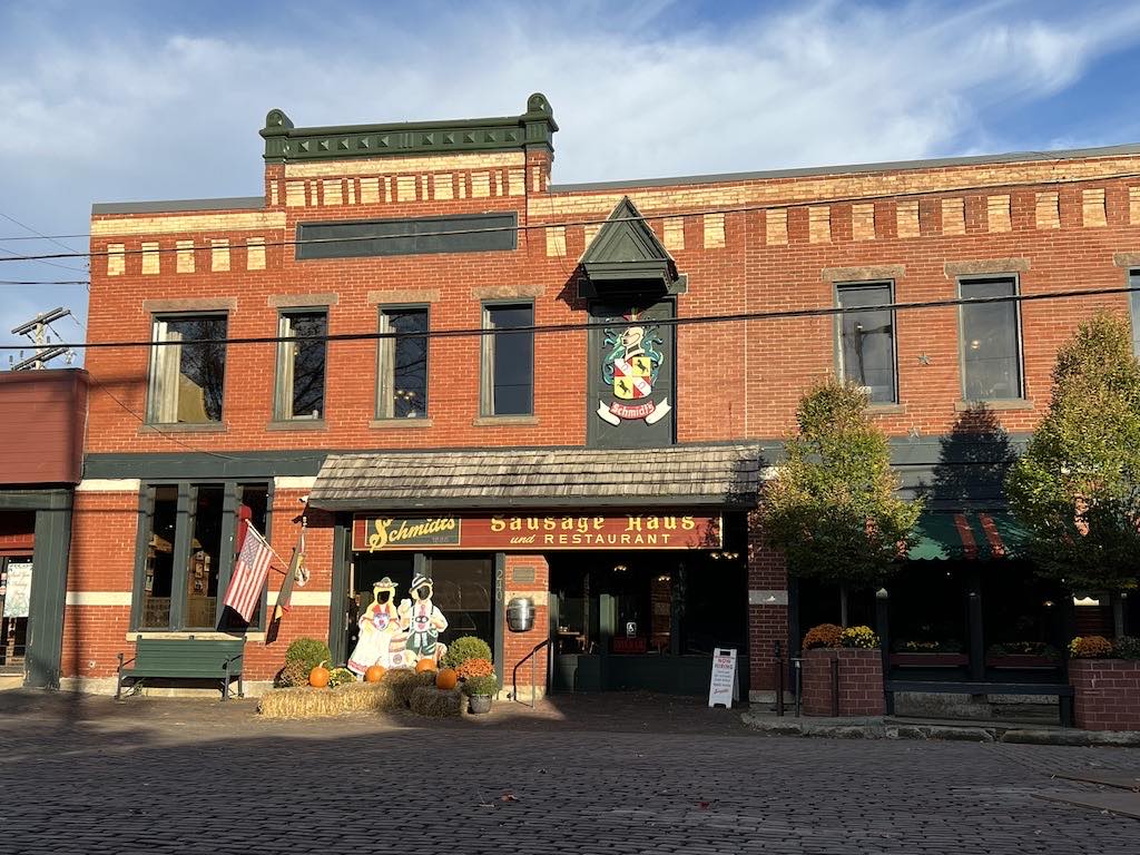 The Schmidt's Sausage Haus storefront on a brick street in German Village